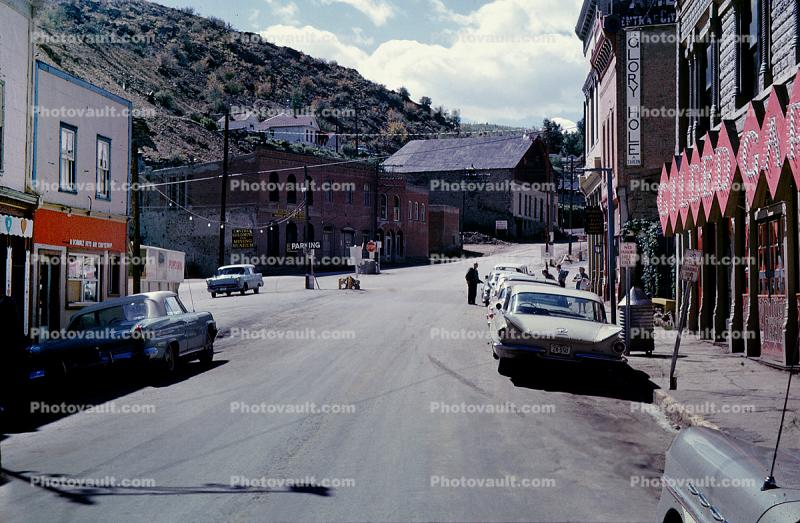 buildings, Cars, automobile, vehicles, street, shops, town, Central City, October 1963, 1960s