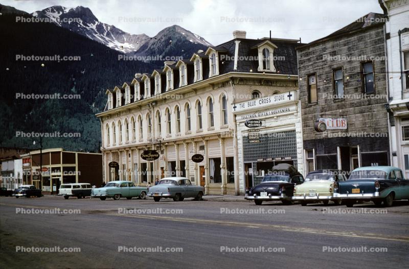 Grand Imperial Hotel, cars, shops, The Blue Cross Store, Silverton, 1950s