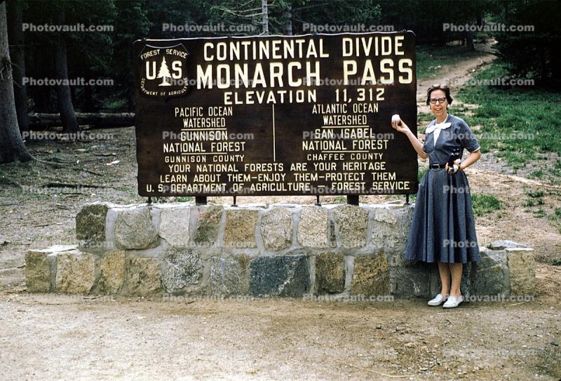 Monarch Pass, Continental Divide, sign, signage, woman, 1950s