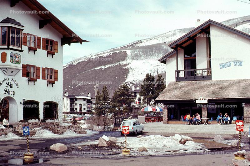 Buildings, sidewalk cafe, car, Vail, Ski Resort, February 1972, 1970s