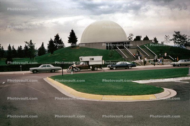 Dome, Planetarium at U.S. Air Force Academy, building, cars, camper, motorcycle, August 1970, 1970s
