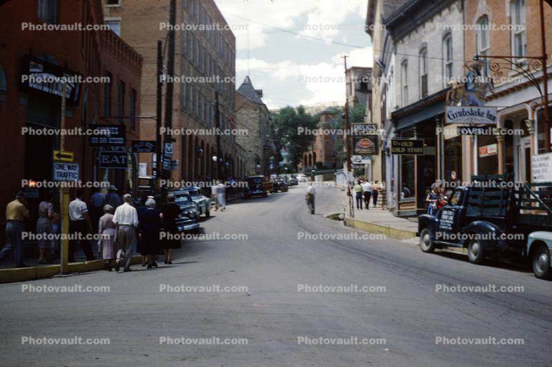 Central City long time ago, cars, pickup, buildings, July 1954, 1950s
