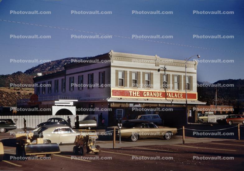 The Grande Palace, building, hotel, landmark, Cars, vehicles, Automobile, Durango Colorado, June 1969, 1960s