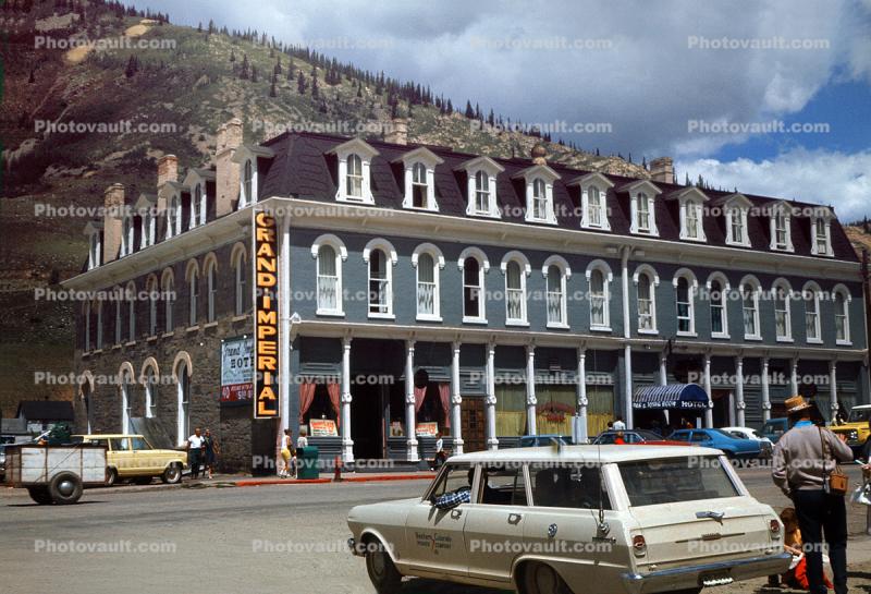 Grand Imperial Hotel, building, Chevy Nova station wagon, landmark, June 1969, 1960s