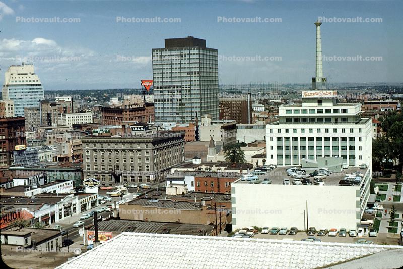 Downtown, Shirley-Savoy Hotel, Farmers Union, buildings, skyline, Cars, vehicles, Automobile, 1950s