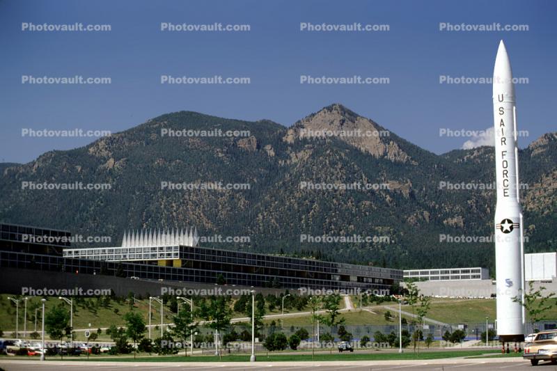 LGM-30 Minuteman Missile, (ICBM), land-based intercontinental ballistic missile, Air Force Global Strike Command, United States Air Force Academy, buildings, mountains, nuclear