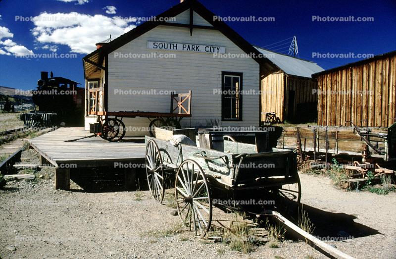 Freight Wagon, Baggage Cart, Depot, Train Station, South Park City, Fairplay in Park County, buildings, ghost town