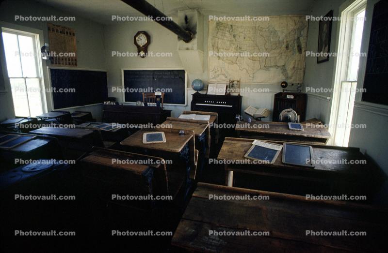 One Room Schoolhouse, rdesks, chalkboard, clock, map, piano, interior, South Park City, Fairplay in Park County, building, ghost town