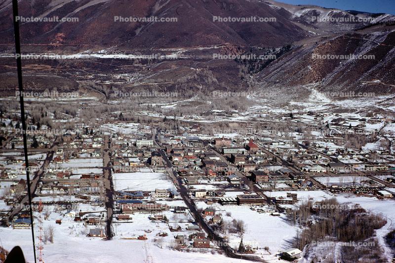 Buildings, cityscape, snow, mountains, Aspen, 1950s