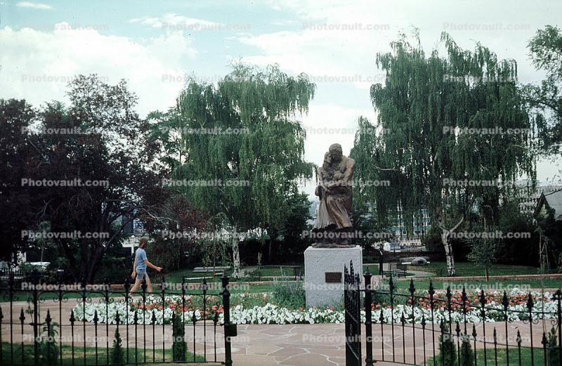 Salt Lake City, garden, sculpture, monument, fence, gate, trees, July 1974