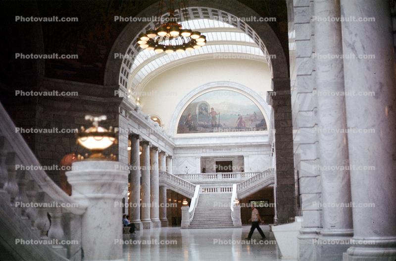 Utah State Capitol, Interior, columns, stairs, arc, July 1974, 1970s