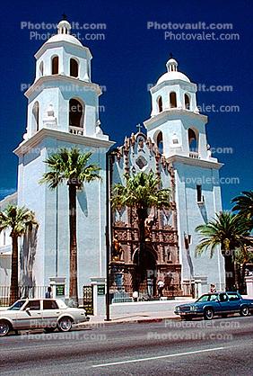 St Augustine Cathedral, Roman Catholic, Diocese of Tucson, Twin bell towers, cars