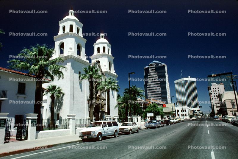 St Augustine Cathedral, Roman Catholic church, skyline, cars, Diocese of Tucson