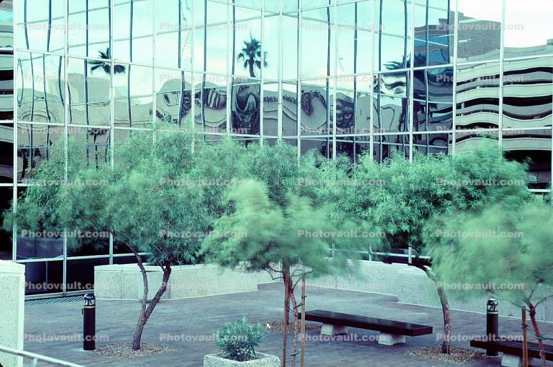 glass, reflection, abstract, grid, building, trees, plaza