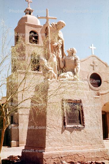 Saint Thomas Church and Indian Mission, Cathedral, Christian, Statue, Religion, Religious, Building, Padre, Cross, Pedestal, Yuma, Arizona, 1959, 1950s