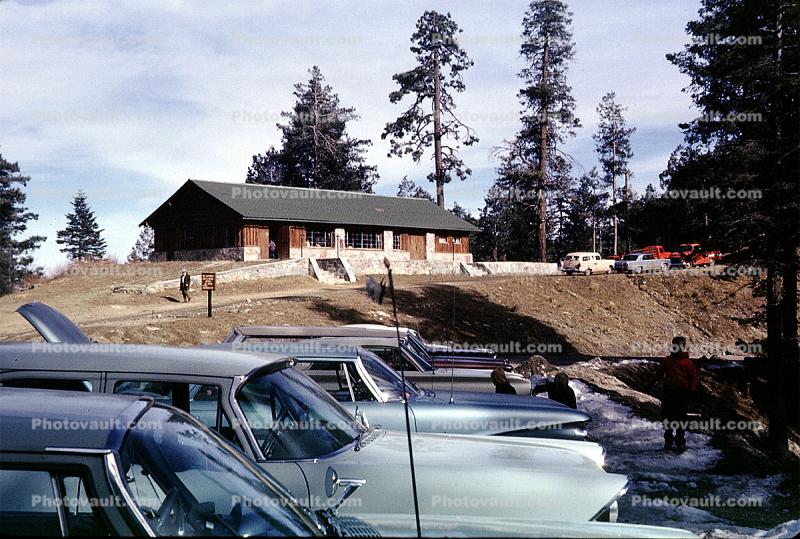 Mount Lemon ski lodge, vehicles, Automobile, House, building, parked cars, 1960s
