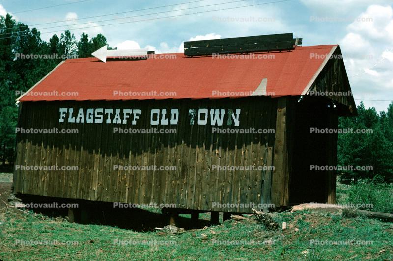 Flagstaff Old Town, Wooden Building, Shack, roof, direction arrow