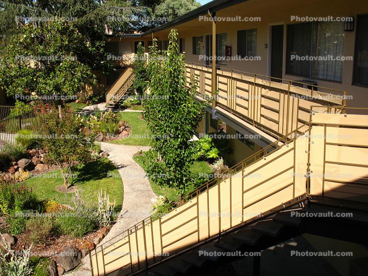 Apartment Complex, garden, trees, path, balcony, steps, staircase, 8 July 2006