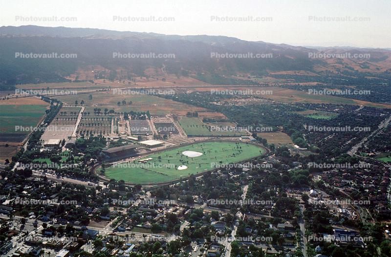 Pleasanton looking northwest, from downtown, Fairgrounds, Horse Racing, Fields, 20 August 1983