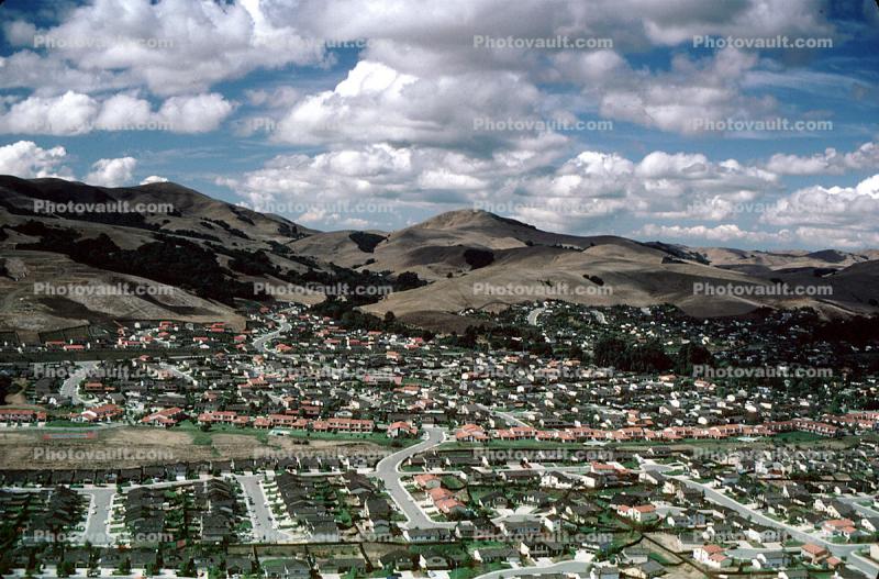 Cumulus Clouds, Hills, Houses, homes, texture, suburban, urban, sprawl, Buildings, 1 October 1983
