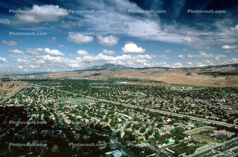 Cumulus Clouds, Hills, Houses, homes, texture, suburban, urban, sprawl, Mount Diablo, 1 October 1983