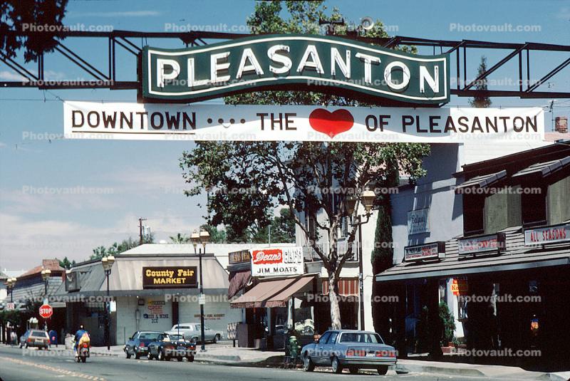 Arch, Sign, signage, Downtown, the heart of Pleasanton, 15 August 1984