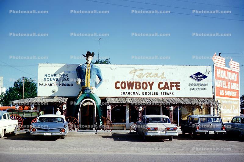 Texas Cowboy Cafe, Cars, Giant Figure, Ford Fairlane, Dalhart Texas, June 1961, 1960s