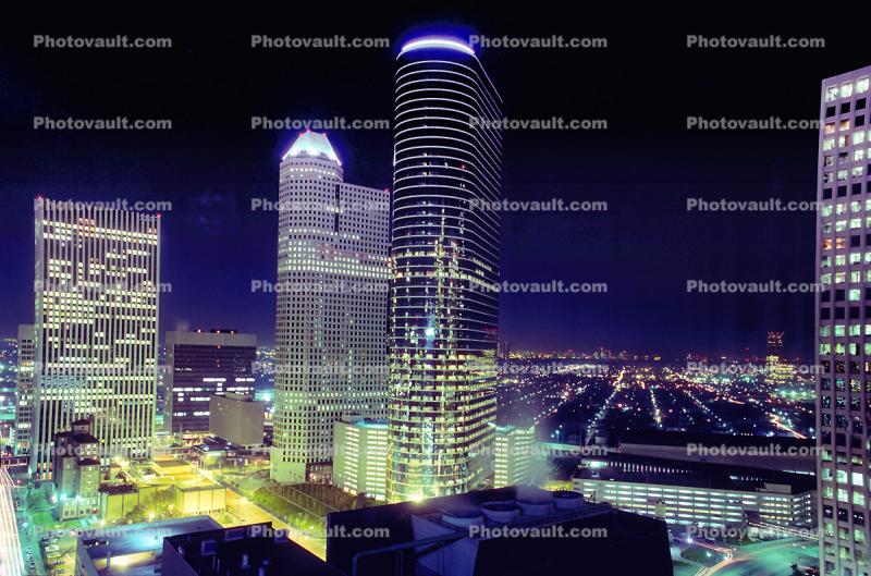 Cityscape, Skyline, Building, Skyscraper, Downtown Houston, Night, Nighttime, 14 January 1985