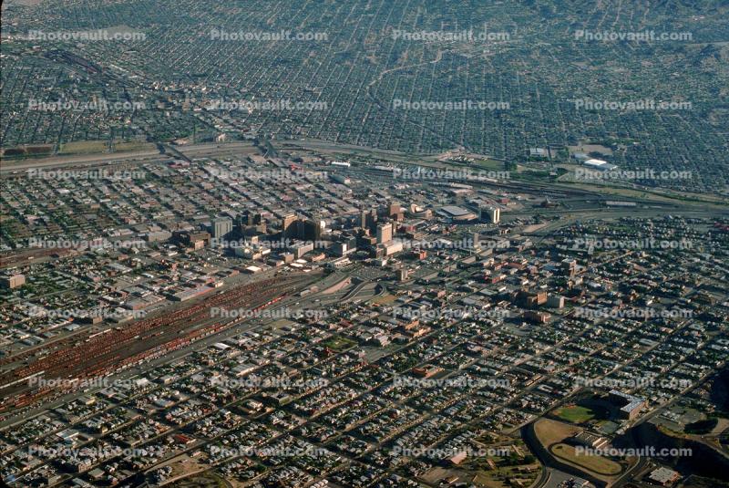Downtown El Paso, aerial, Ciudad Juarez, Mexican International Border, Rio Grand River, 30 April 1991