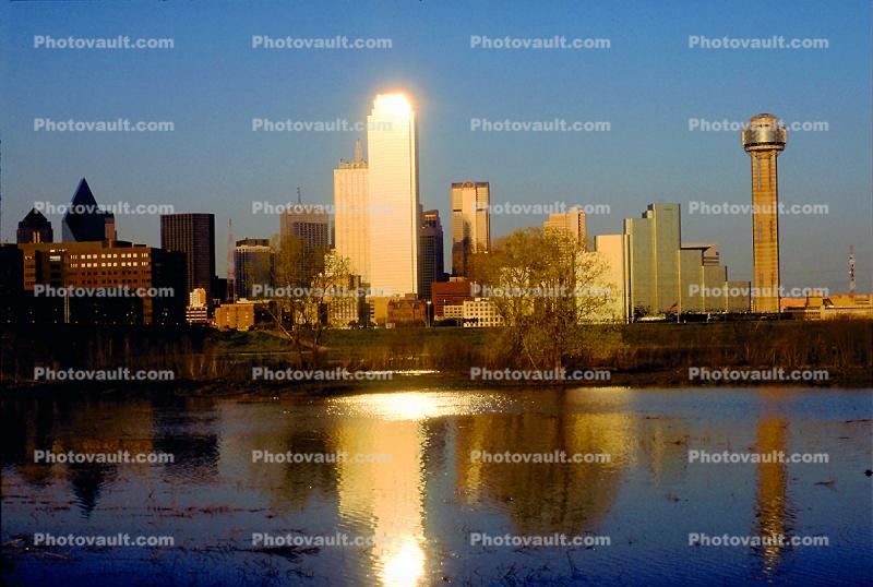 Trinity River under the Dallas Skyline, Buildings, Water Reflection, 23 March 1993