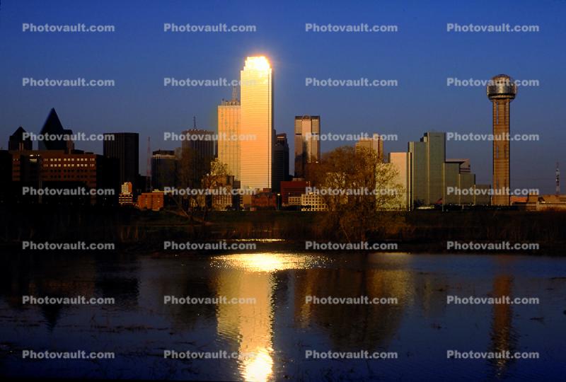 Dallas Skyline, Buildings, Trinity River Water Reflection, 23 March 1993