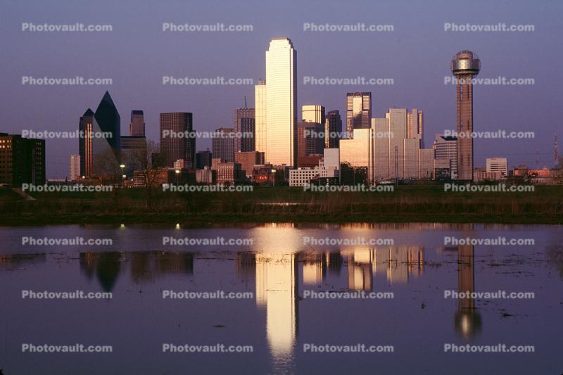 Trinity River, Dallas Skyline, buildings, reflection, 23 March 1993