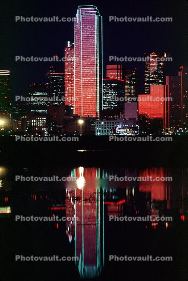 Twilight, Dusk, Bank of America Plaza, Downtown buildings, skyscraper, Dallas Skyline, buildings, reflection, 23 March 1993