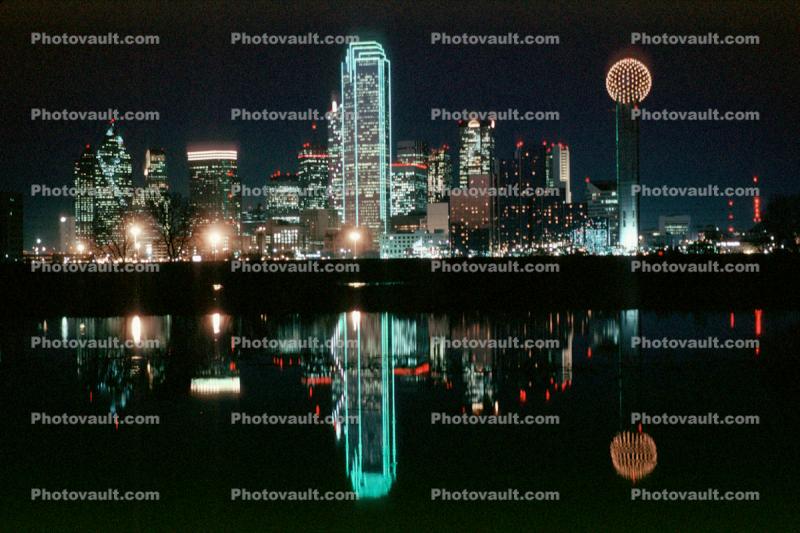 Dallas Skyline at Nighttime, buildings, reflection, 23 March 1993