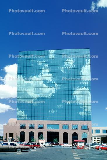 Building, Highrise, Reflection, window, glass, Cars, vehicles, Automobile, clouds, El Paso, 9 May 1994