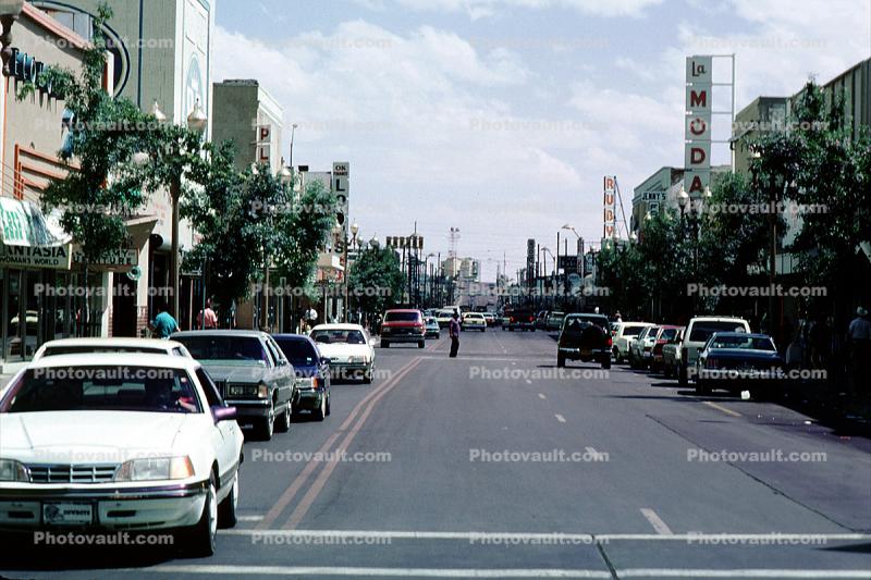 Downtown, shops, Automobile, cars, buildings, street, vehicles, El Paso, 9 May 1994
