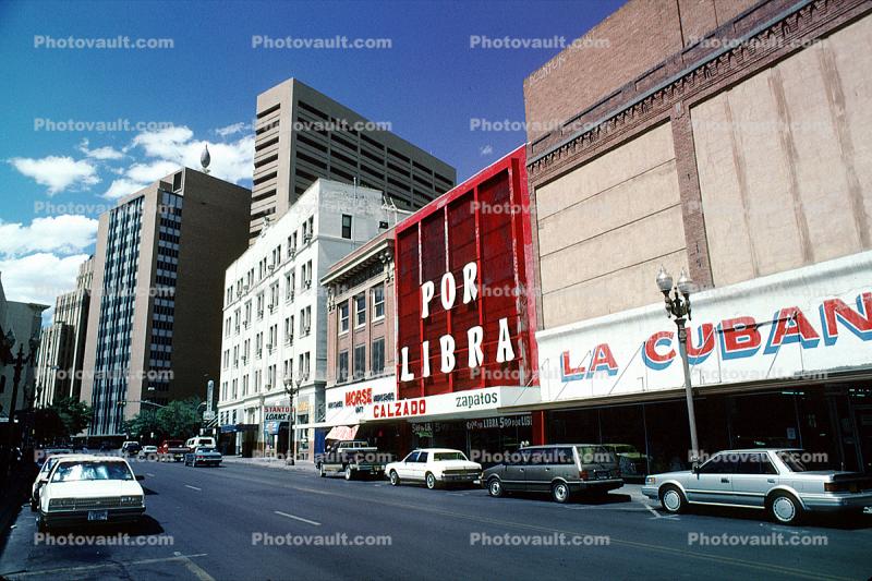 Downtown Stores, vehicles, Automobile, shops, cars, buildings, street, El Paso, 9 May 1994