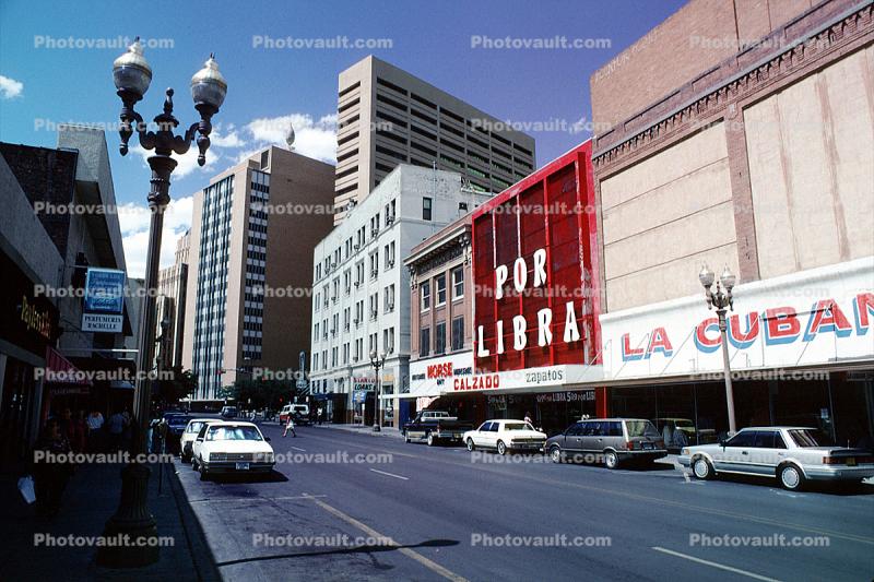 Downtown Stores, shops, cars, buildings, vehicles, Automobile, street, El Paso, 9 May 1994