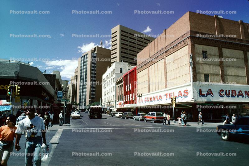 Downtown Stores, shops, cars, buildings, street, El Paso, 9 May 1994