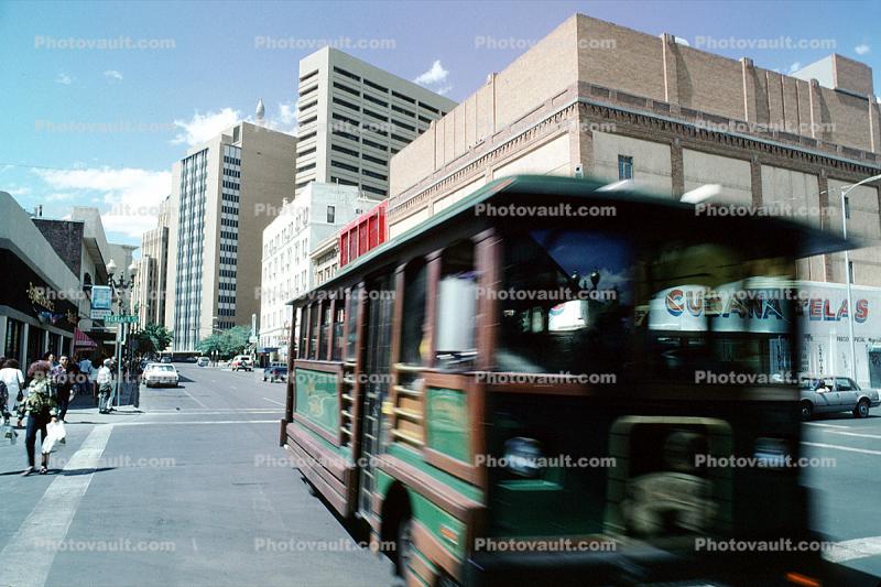 El Paso Trolley, Downtown Stores, shops, buildings, street, 9 May 1994