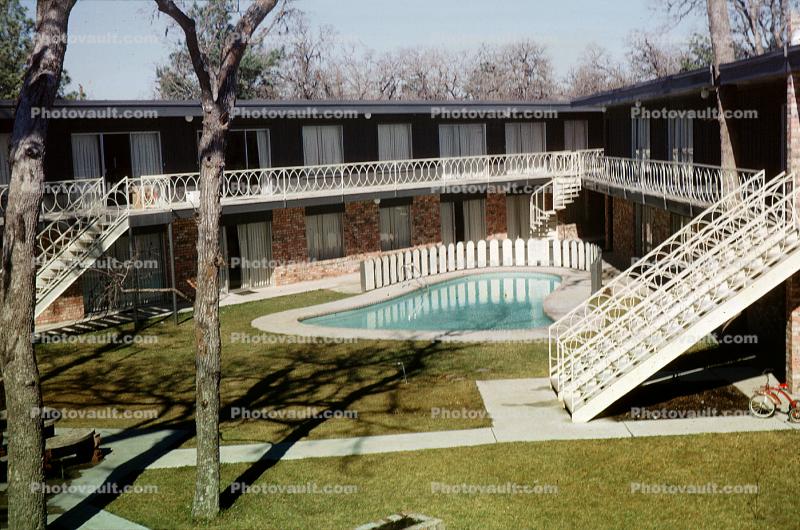 Royal Oaks Apartments, building, swimming pool, stairs, trees, lawn, February 1963, 1960s
