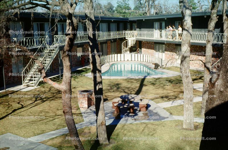 Picnic Bench, fire pit, bbq, Royal Oaks Apartments, building, swimming pool, stairs, trees, lawn, February 1963, 1960s
