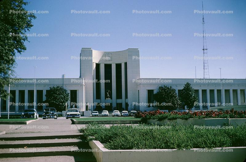 The Hall of State, Fair Park, steps, stairs, garden, cars, art-deco, Texas Centennial Exposition Buildings, January 1965, 1960s