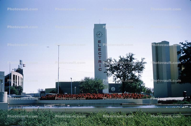 Electric, Clock Tower, Fair Park, outdoor clock, outside, exterior, building, Dallas, January 1965, 1960s