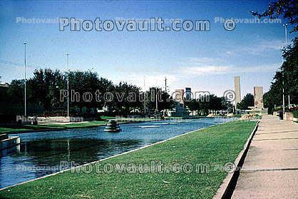 water, fountain, grass, pond, lake, buildings, Fair Park, December 1964, Aquatics