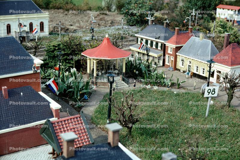 Homes, houses, lawn, buildings, Miniature park, Madurodam, Scheveningen district of The Hague, Netherlands, April 1968, 1960s