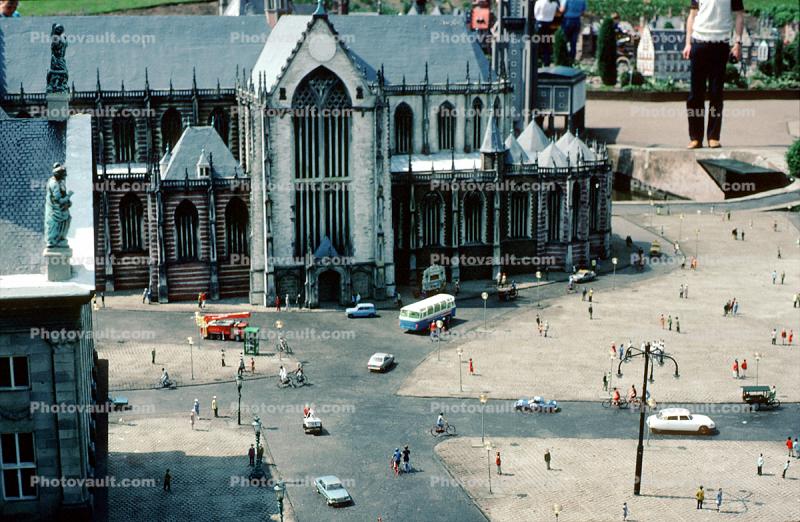 Mini Europe, Miniature Model Park, Bruparck, buses, street, cars, church, cathedral, 1960s