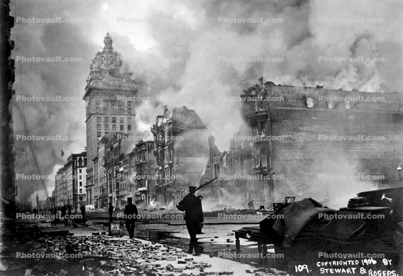 Army Soldier guards against looting, Market Street, Fire, smoke, buildings, 1906 San Francisco Earthquake