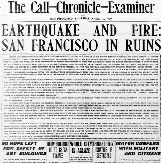Newspaper Headlines, 1906 San Francisco Earthquake