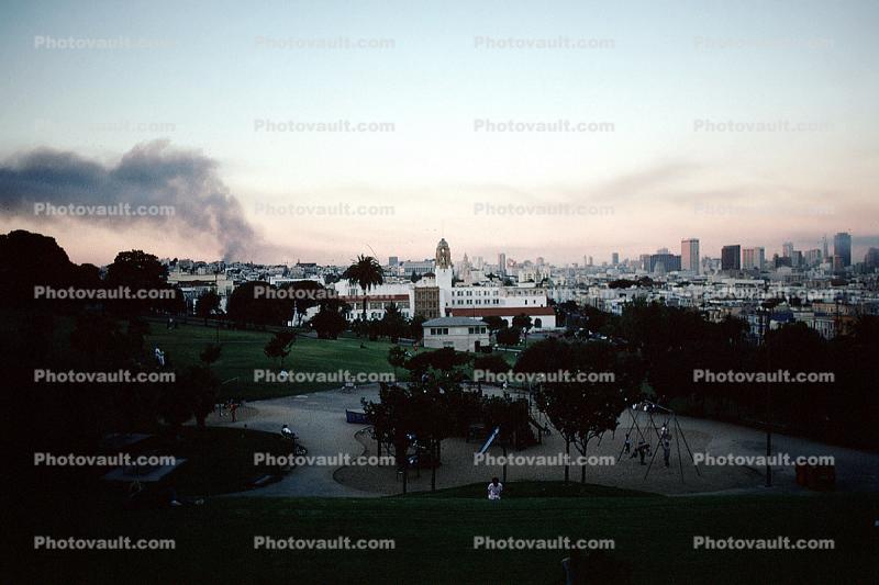 Dolores Park, Marina fire in the background, Loma Prieta Earthquake (1989), 1980s